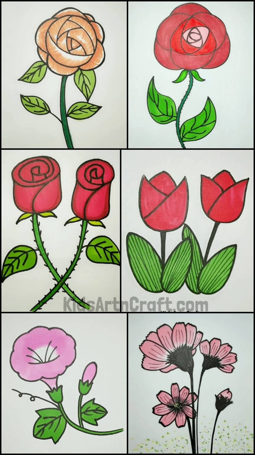 Easy Flower Drawings with Colors - Kids Art & Craft