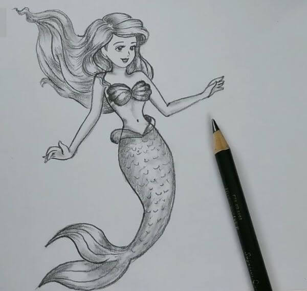 Mermaid Pencil Drawing & Sketch Step By Step
