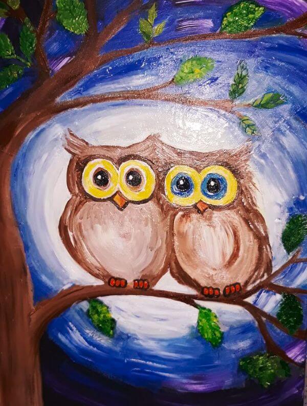Owl Painting With Tree For Kids