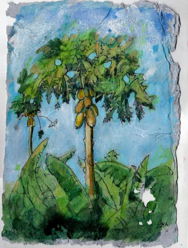 Papaya Tree Acrylic Painting On Handmade Paper