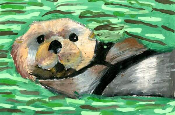 Sea Otter Painting Using Oil Pastel Color For Kids