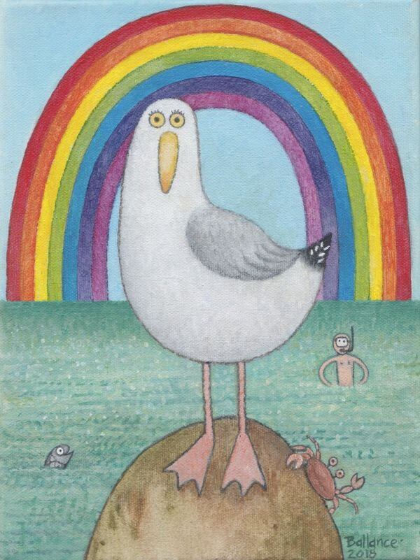 Seagull Painting With Rainbow