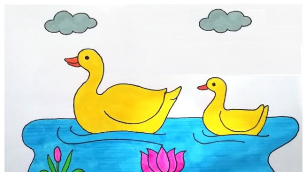 Simple Duck With a Duckling Painting For Kids