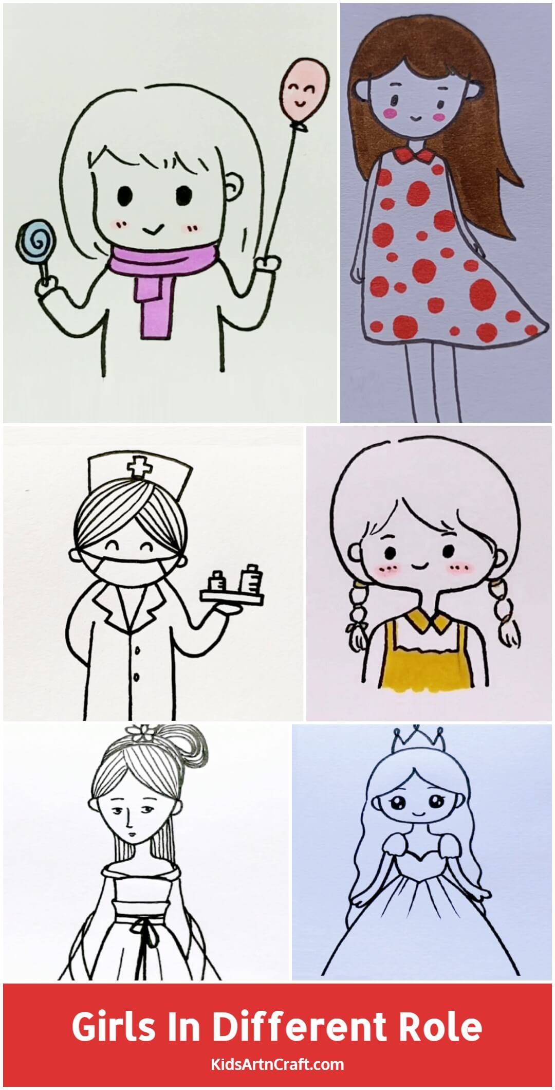 Girl in Different Role - Easy Drawings for Kids