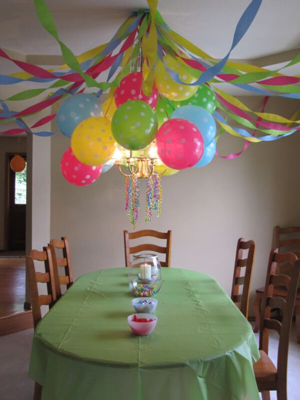 Anniversary Party Ceiling Decoration Idea With Balloons & Crepe Paper
