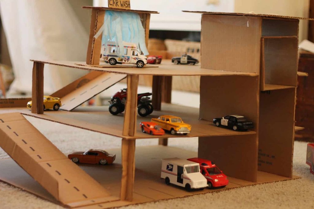 Cardboard box toy car parking garage