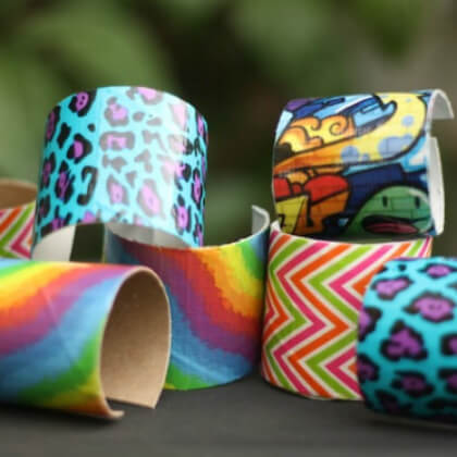 DIY Creative Duct Tape Cuff In Toilet Tissue Tube Bracelets For Kids DIY Friendship Day Crafts For Kids 