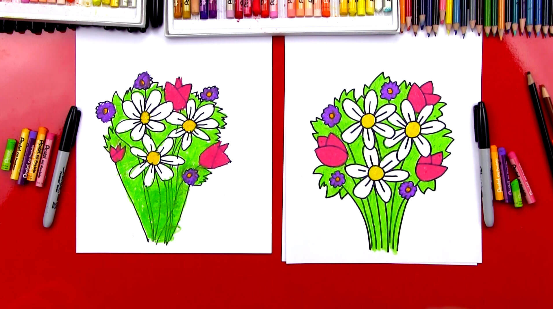 Bouquet Painting & Drawing Ideas With Oil Pastel Color For Kids