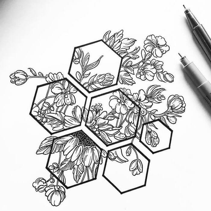 Easy Flower Pencil Drawing Art Idea In Hexagon Shape