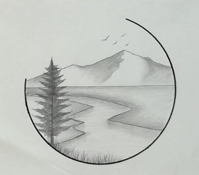 Landscape Pencil Drawing Sketch Tutorial Idea In A Circle For Kids