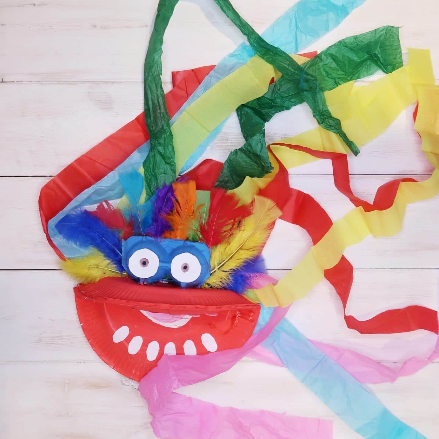 Chinese New Year Dragon Puppet Craft Using Paper Plate Tissue & Feathers