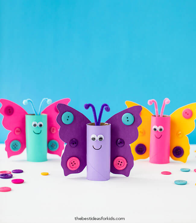 Adorable Toilet Paper Roll Butterfly Craft For Kids Using Pipe Cleaners & Buttons