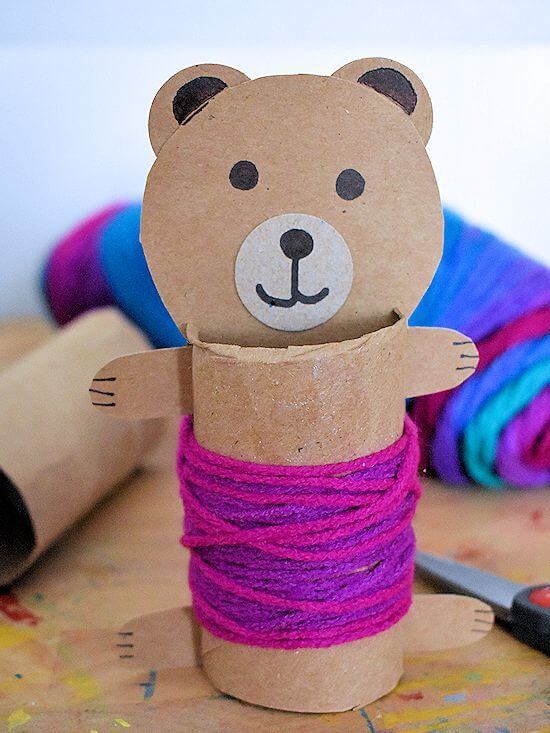 Yarn Wrapped Bear Craft Using Cardboard Roll