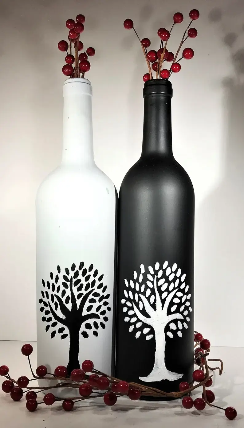 Bottle Painting Ideas For Kids Black & White Trees Hand Painted Craft On Wine Bottles