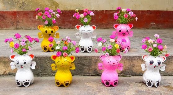 DIY Cat Flower Pots Bottle Craft Idea For Garden