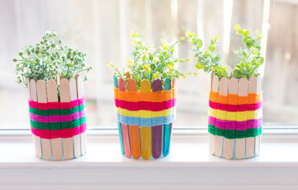 Popsicle Stick Decoration Plant Wase Activity Ideas For Home