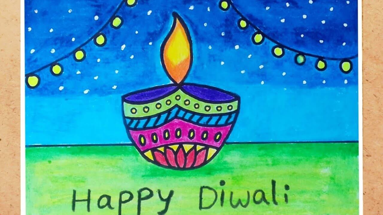 A Fancy Diwali Lamp Drawing Lit Up With Stars DIY Beautiful Diwali Art Drawing
