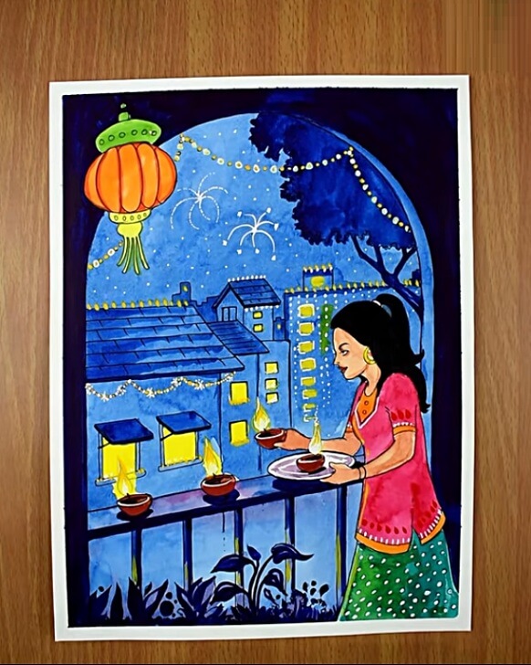 A Scenic And Festive Diwali Evening Drawing DIY Beautiful Diwali Art Drawing