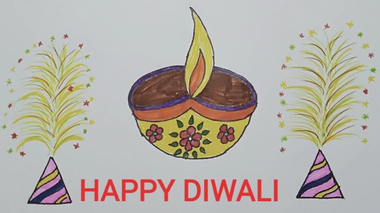 Diwali Firework And Lamp Drawing DIY Beautiful Diwali Art Drawing