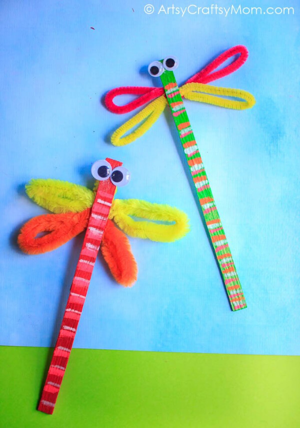 Colorful & Easy Craft Stick Dragonfly Using Pipe Cleaners For Kids