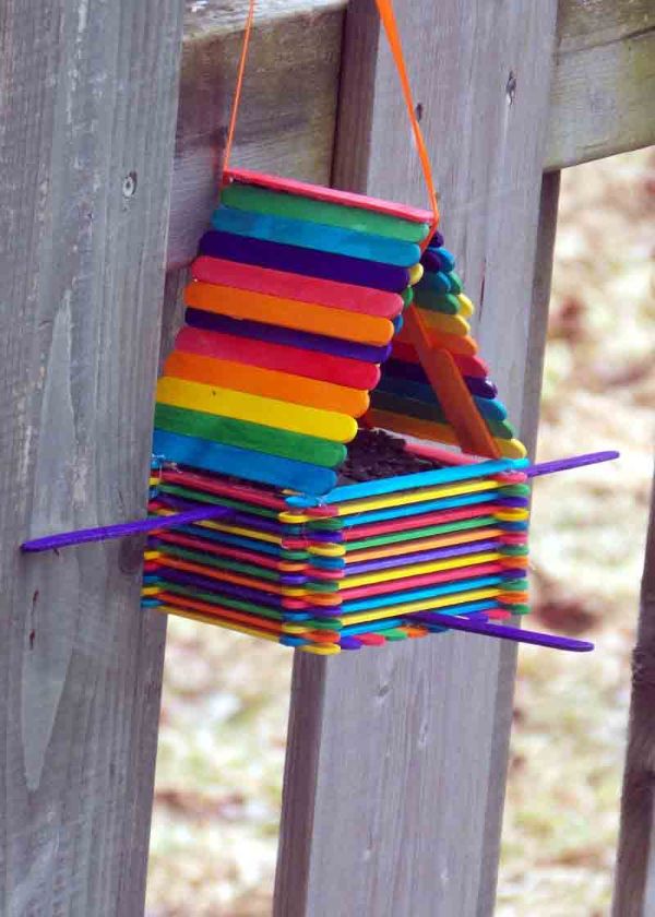 Colorful Popsicle Stick Bird House Feeder Crafts