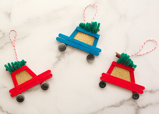 DIY Popsicle Stick Toy Car Ornaments Crafts For Kids