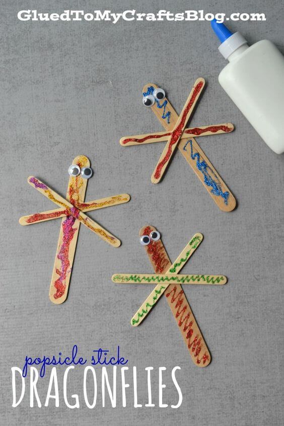 Fun Dragonflies Popsicle Stick Craft Using Glittery Glue For Kids