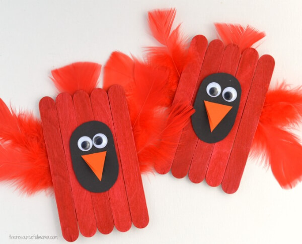 Funky Redbirds Popsicle Stick Craft Using Red Feather