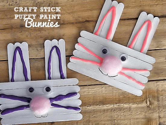 Popsicle Stick Easter Puffy Paint Bunny Craft For Kids