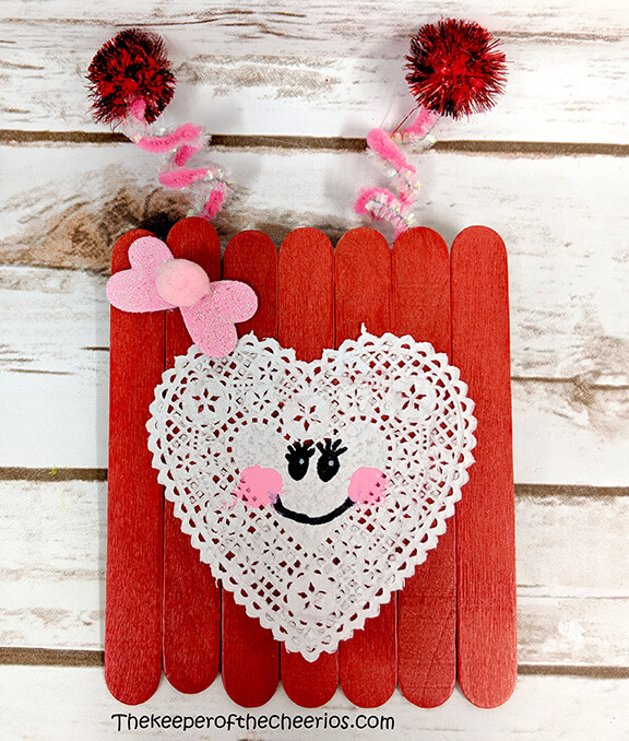 Stick Heart With Pom-Pom Ears Valentine Popsicle Stick Crafts For Kids