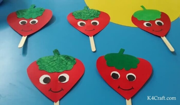 Strawberries Decoration Popsicle Stick Craft With Grinning Face For Kids