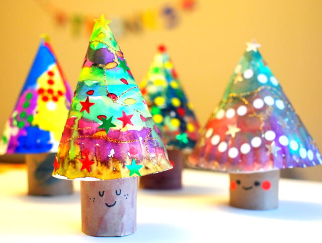 Recycled Toilet Paper Roll 3D Paper Plate Christmas Trees Craft ideas For Kids