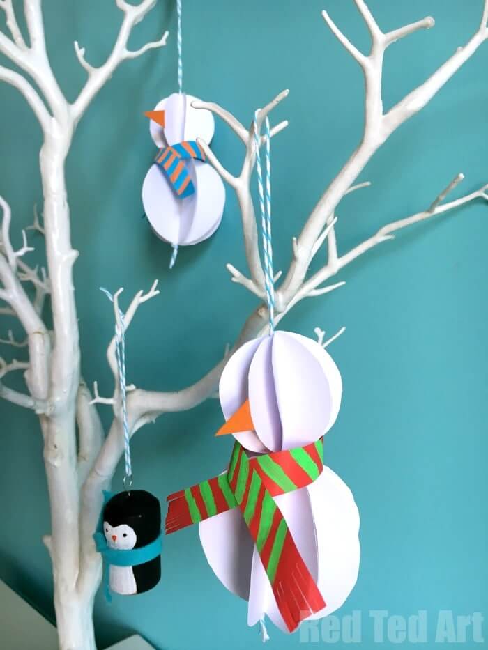 3D Paper Snowman Ornament Craft Ideas For Kids