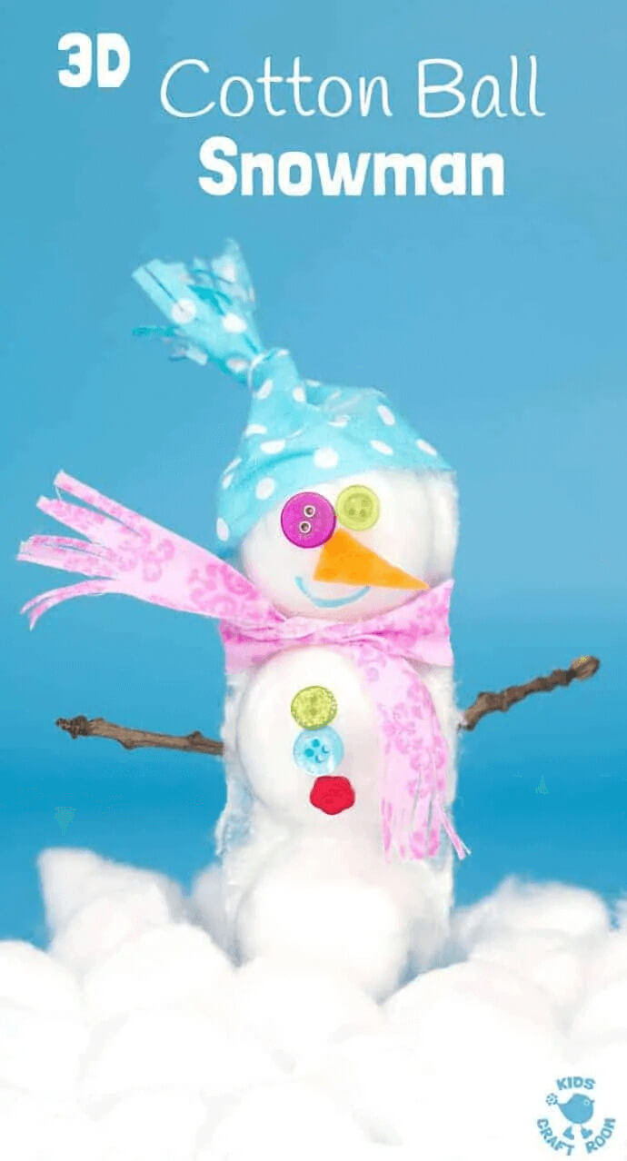 Adorable 3D Snowman Craft Idea Using Cotton Balls