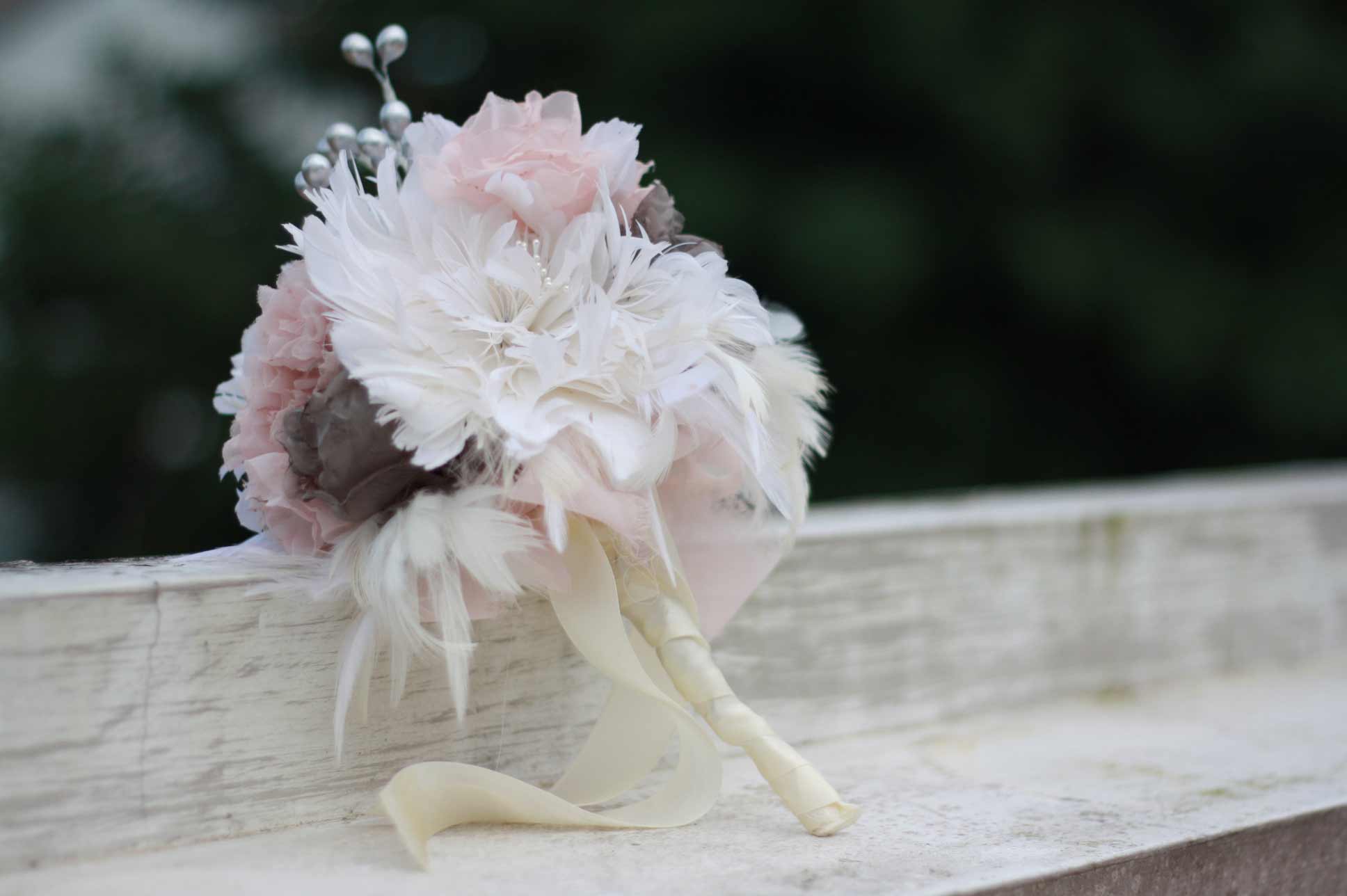 Adorable Handmade Weddin Bouquet Idea Using Fabric Flower & Feathers ; Feather Bouquet Ideas