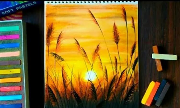 Beautiful Sunset Over the Wheat Field SceneryEasy oil pastel drawing ideas