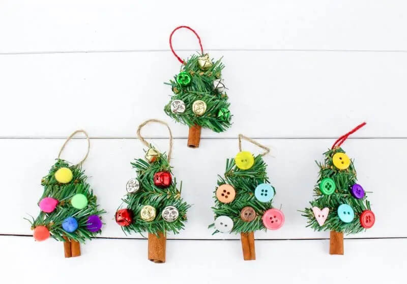 DIY Christmas Tree Ornament Button Craft With Cinnamon & Pom Poms