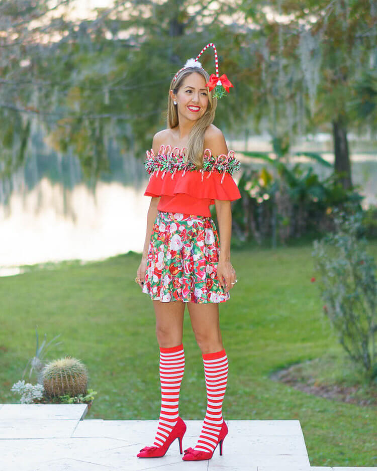 DIY Ugly Christmas Sweater Costume Idea With Candy Canes : Christmas Outfits For Women