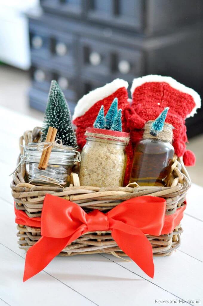 Handmade Spa Basket Gift Idea Using Socks & Mini Trees For Christmas