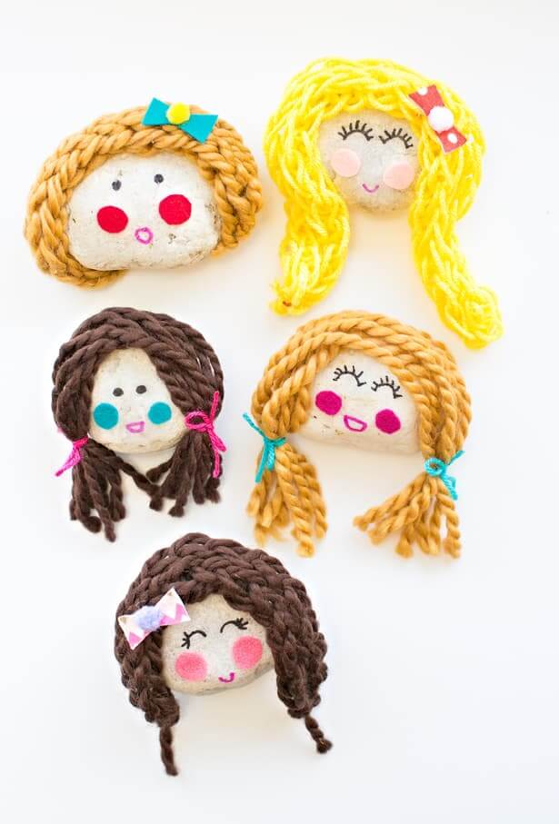 Pretty Rock and Yarn Doll Faces Craft for Pre Schoolers 