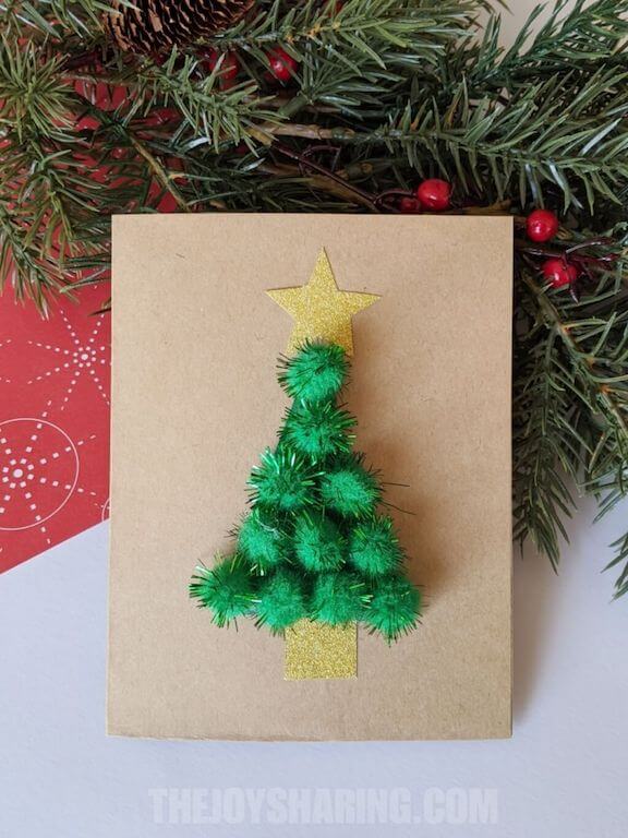 Simple DIY Pom-Pom Christmas Tree-Themed Greeting Card Idea For Kids