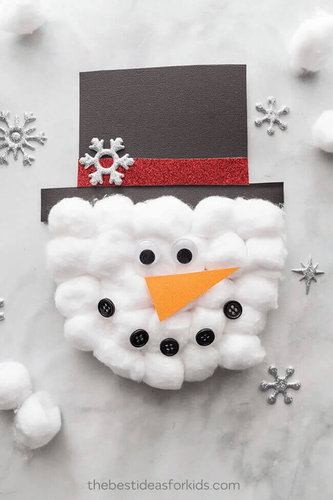 Snowman Cotton Ball Card Craft for Kids : Cotton Ball Craft