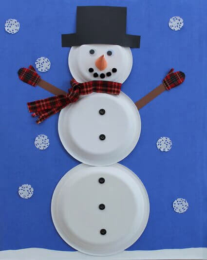 Adorable Snowman Paper Plate Craft Using Scarf & Buttons