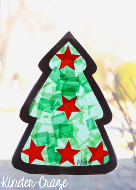 Adorable Window Decoration Craft Project For Holiday DIY Tissue Paper Christmas Tree Craft For Kids