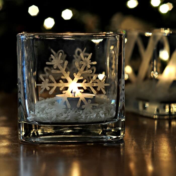 Amazing Snowflake Printed Glass Candle Holder With Rice