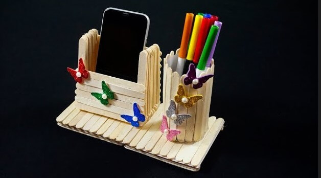 Beautiful Popsicle Stick Mobile And Pen Holder Craft Decorated With Butterfly Stickers