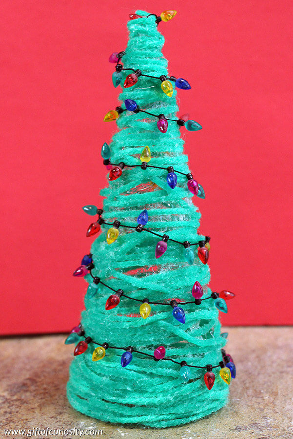 Christmas Tree Gift Made With Yarn, Cardboard & Lights
