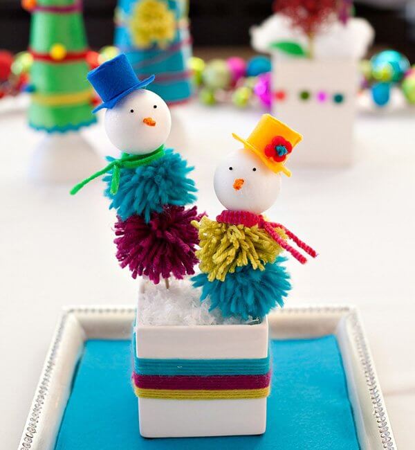 Colorful Snowman Craft Idea Using Pom Pom & Yarn