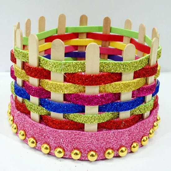 Colourful Glitter Sheet Basket Craft Activity For Kids DIY Popsicle Stick Basket Crafts
