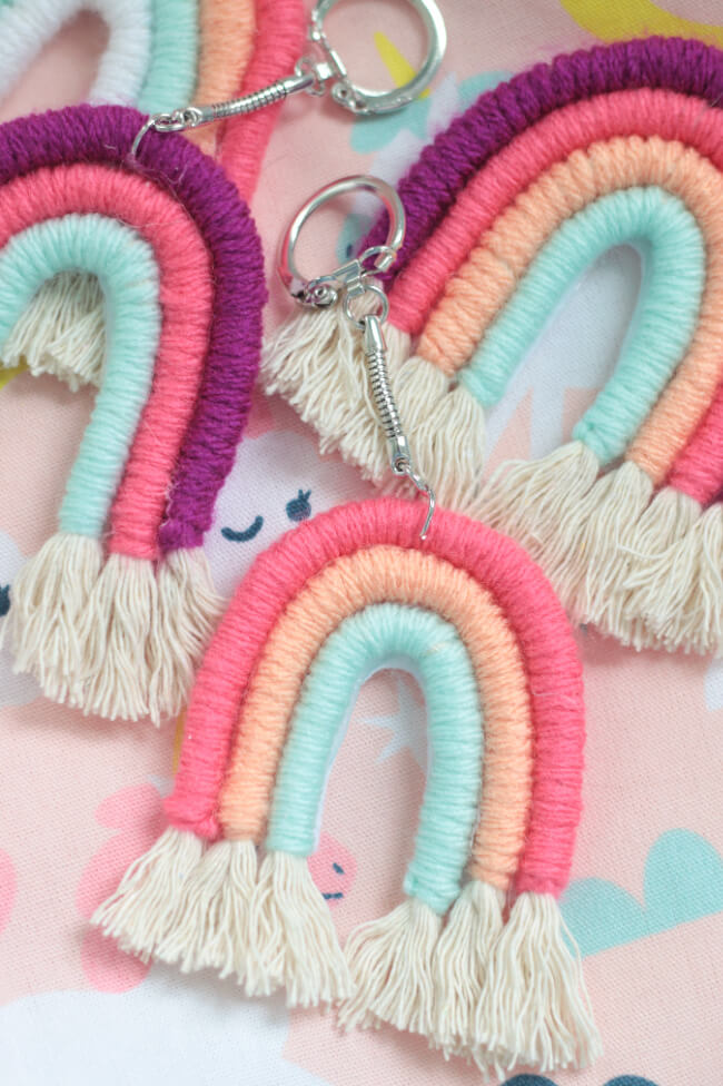 Cute Mini Colorful Rainbow Yarn Keychain Craft Idea Yarn projects for beginners 